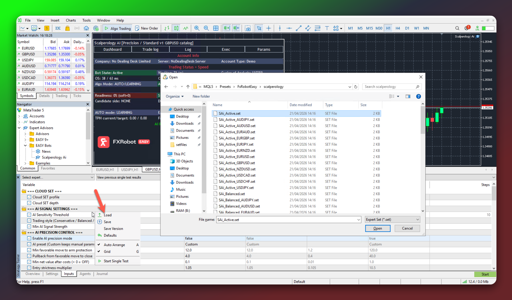Loading SET file in Inputs tab of Strategy Tester
