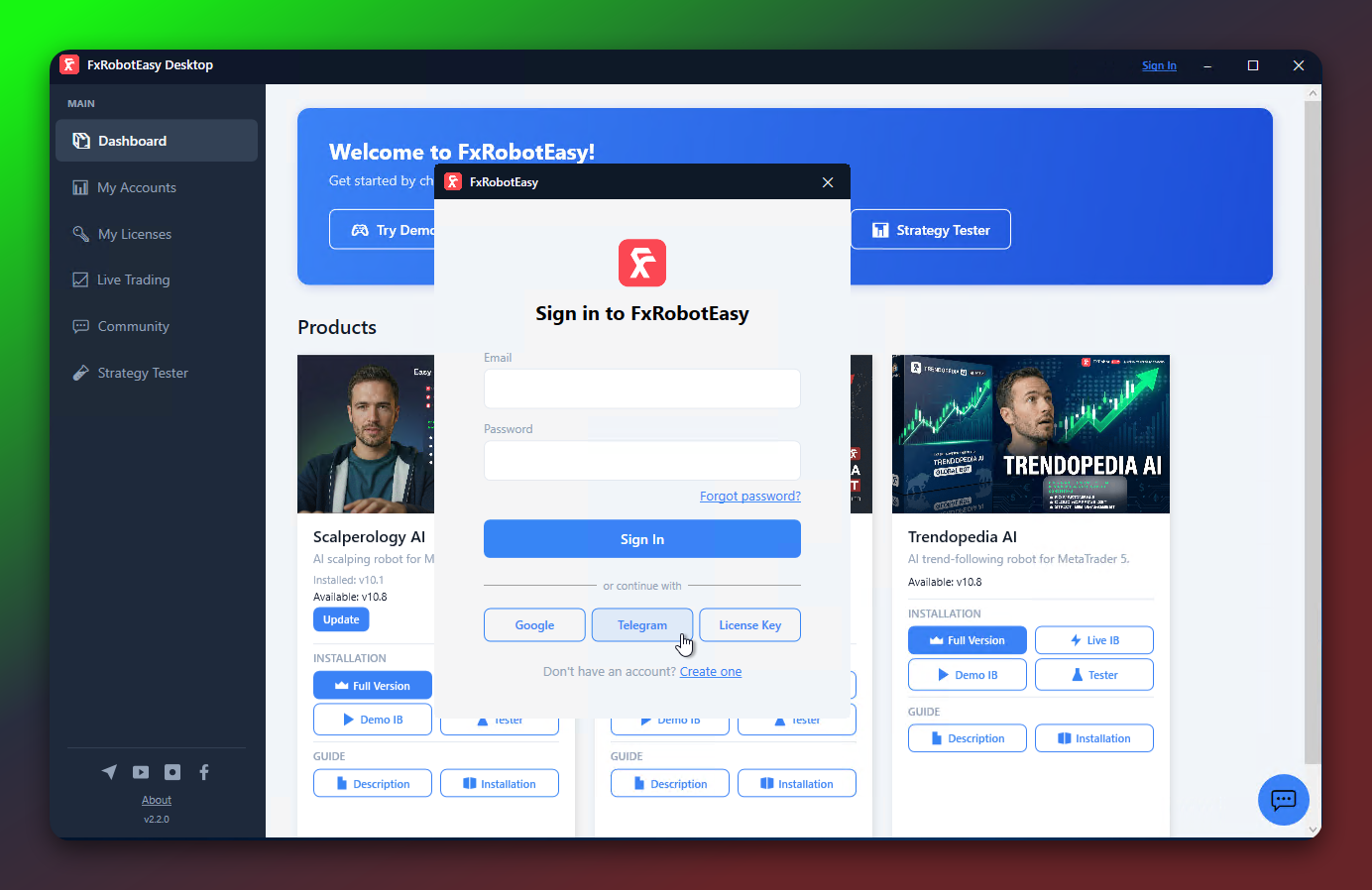 FxRobotEasy Installer login screen showing email and Telegram login options