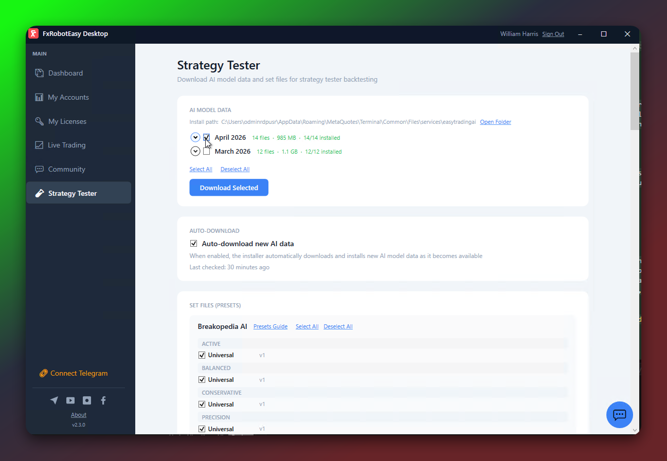 Strategy Tester section in FxRobotEasy Desktop — AI Model Data and SET Files