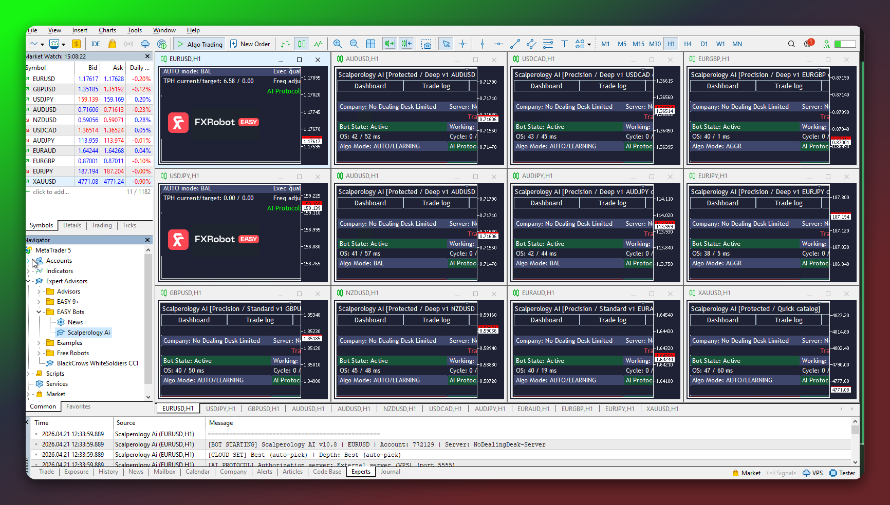 Full MetaTrader 5 platform setup with multiple charts each running an independent bot instance