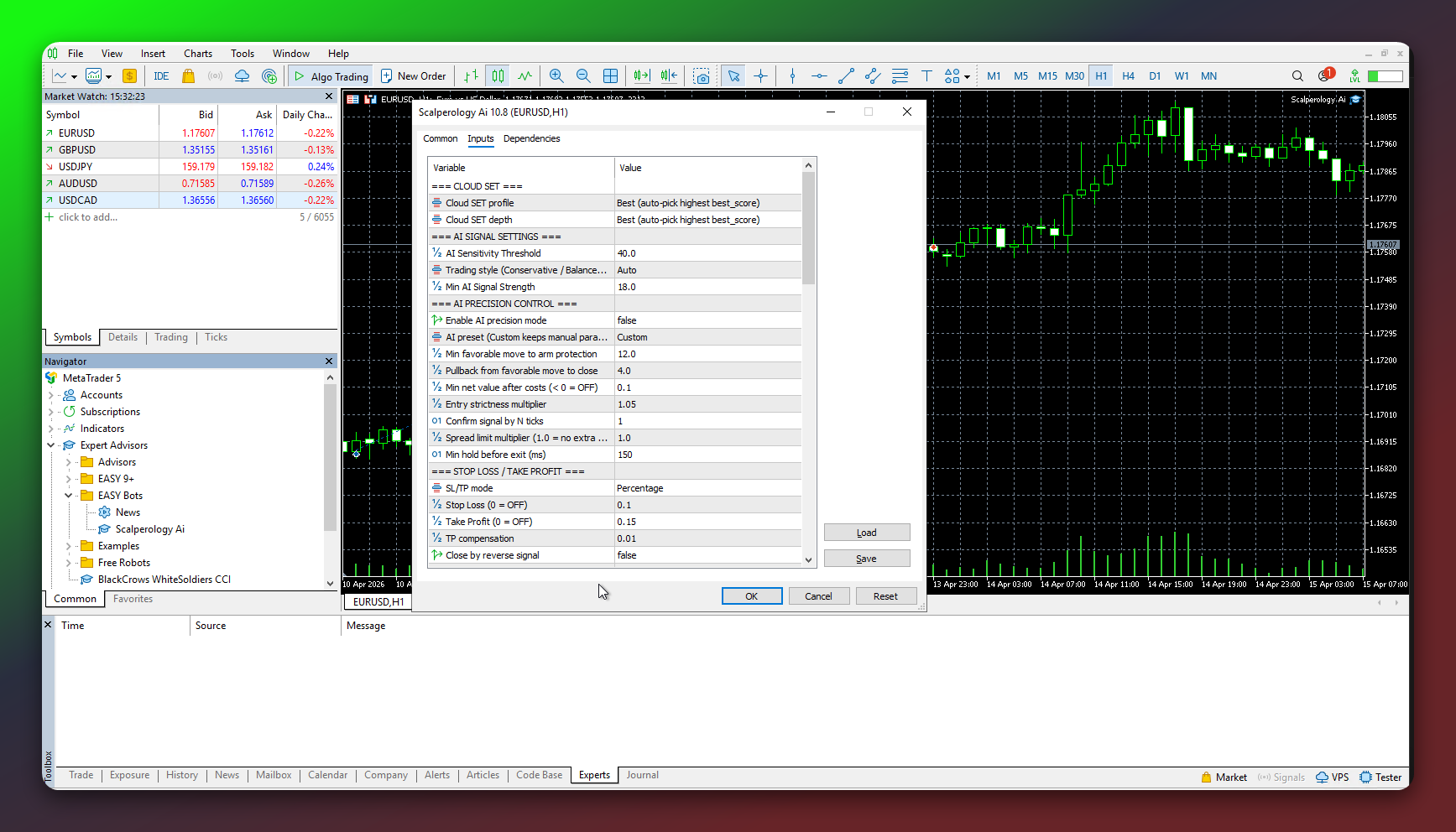 Dragging the trading bot from Navigator panel onto a chart in MetaTrader 5
