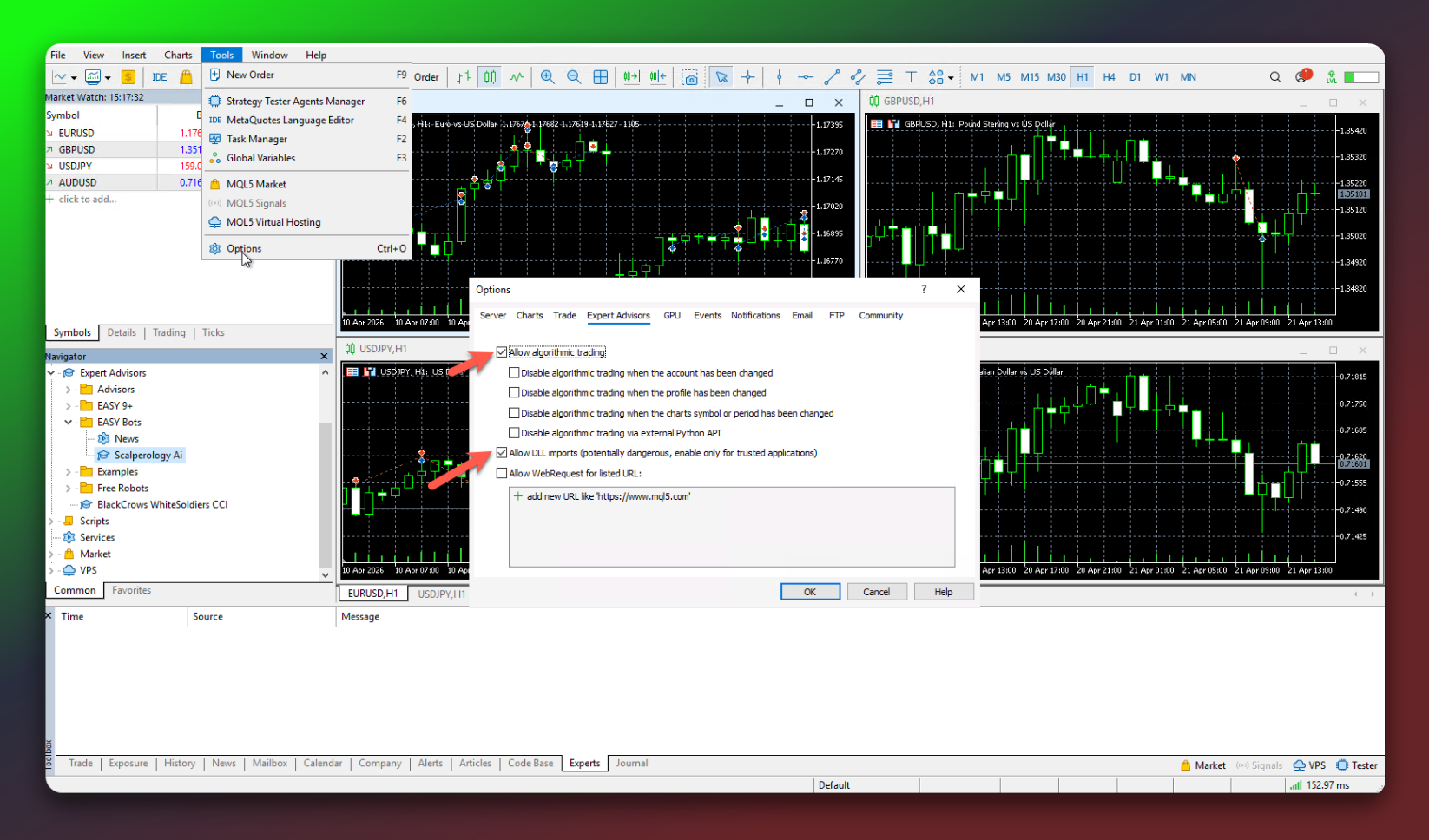 MetaTrader 5 Expert Advisors settings with Allow Algorithmic Trading and Allow DLL Imports