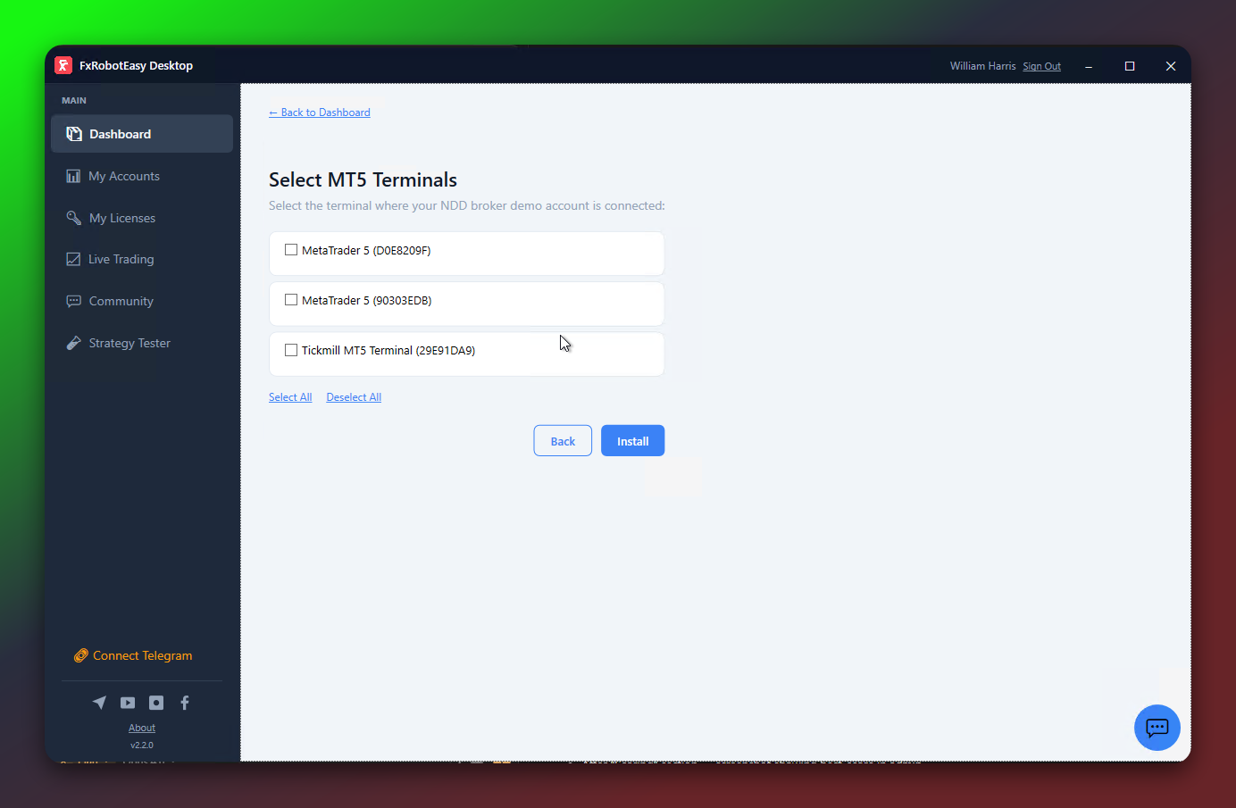 Terminal selection screen showing detected MetaTrader 5 installations