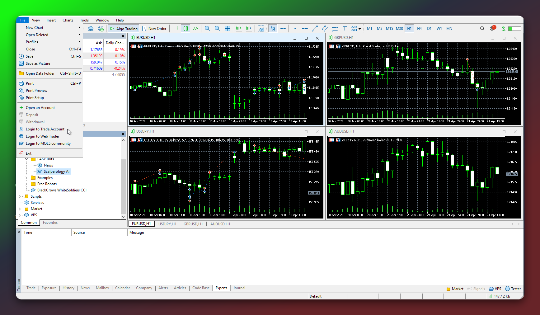 MetaTrader 5 login dialog with server, login, and password fields