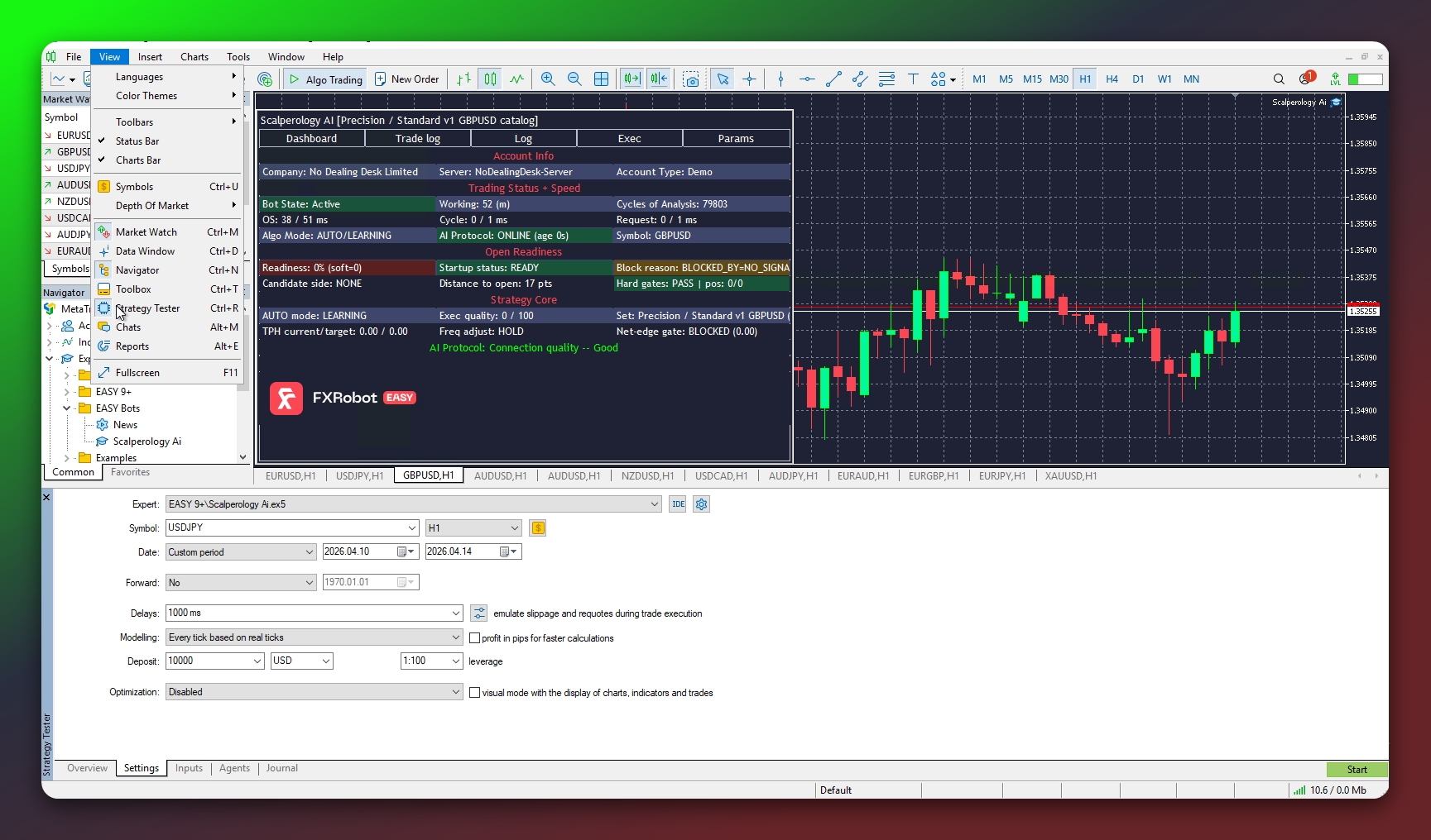 View → Strategy Tester menu in MetaTrader 5